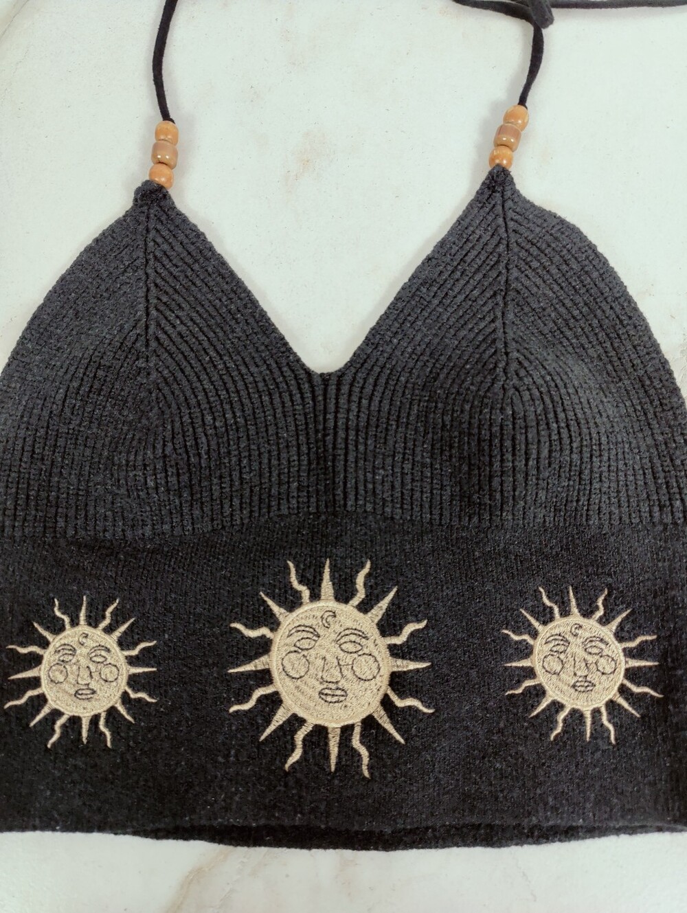 Hippie Embroidered Sun Black Knit Halter Top, Sz S - Picture 8 of 13